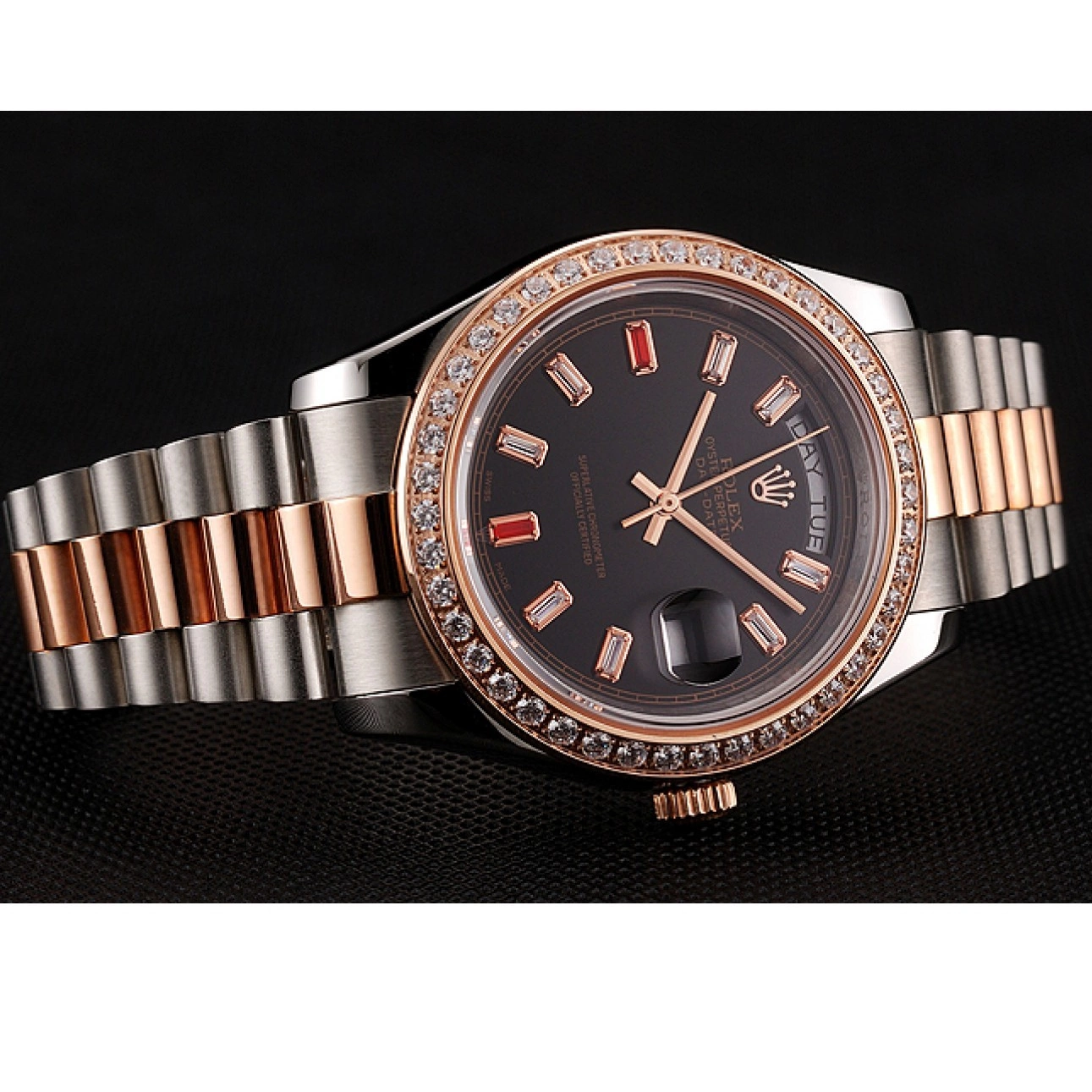 Aaa replica watch 1454106 Rolex Gold Dial And Black Day-Date Rubies Diamonds Swiss Staineless And Rose Steel Bracelet 0629
